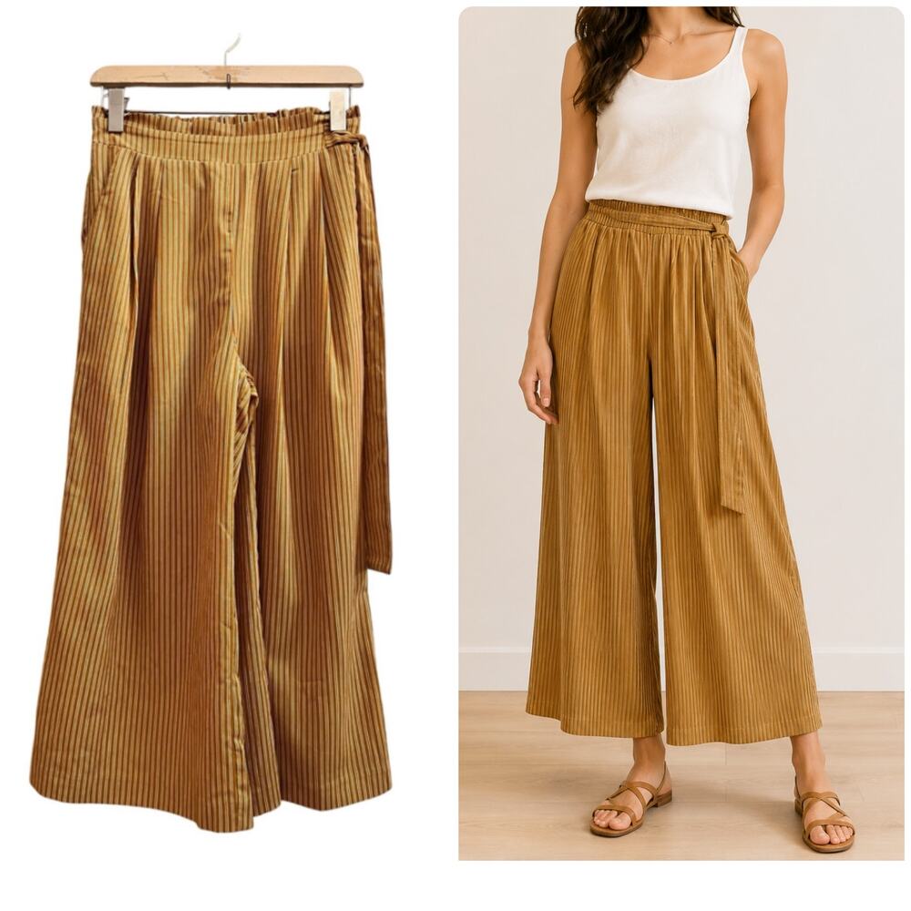 J.O.A. Striped Left Side Tie Short Lined Pocket Pleated Wide Leg Pant Small